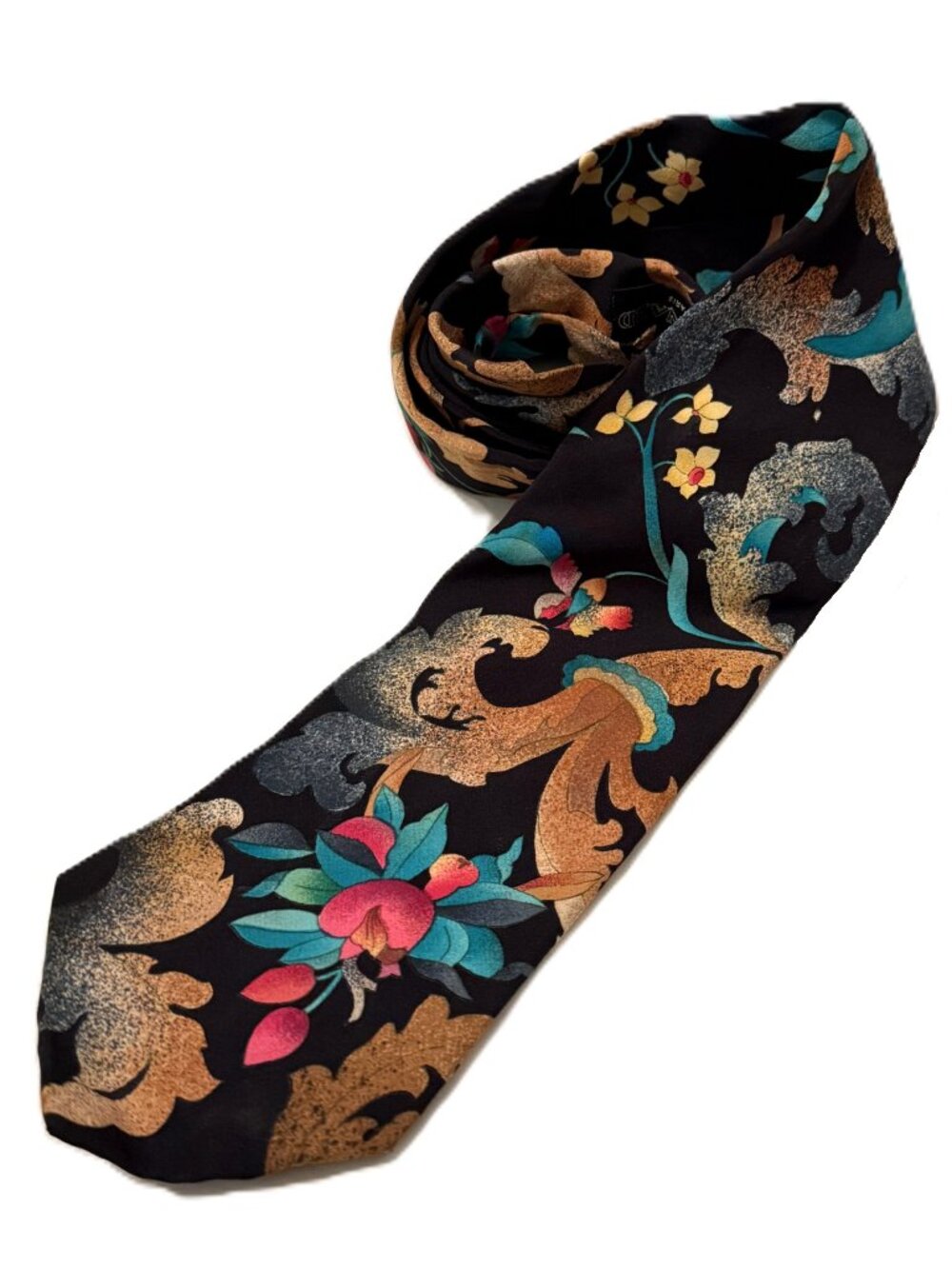 Leonard Paris Luxury Neck Tie Made in Italy 100% Silk Neon Lemon Berries Fantasy